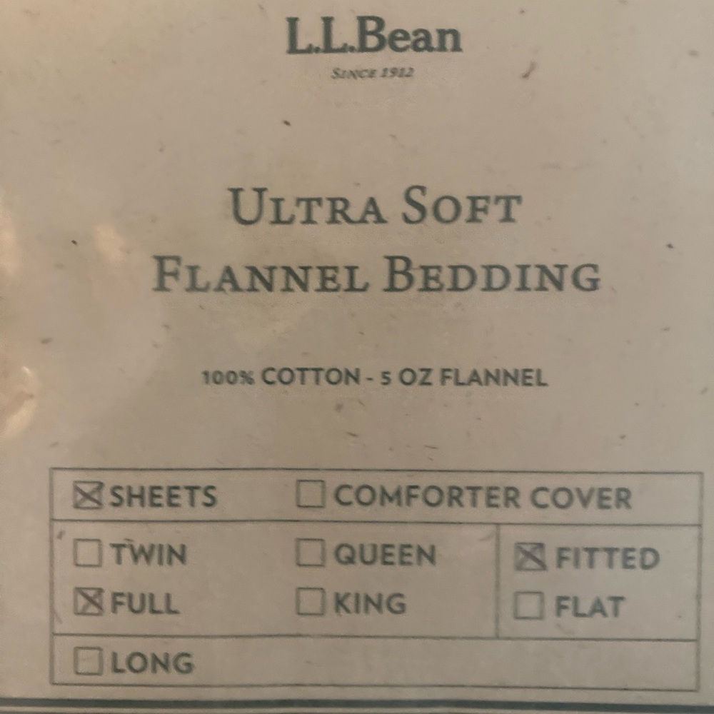 L.L. Bean flannel fitted sheet full new in package.   Color bay leaf.